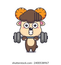 Cute ram sheep lifting barbell cartoon vector illustration. 