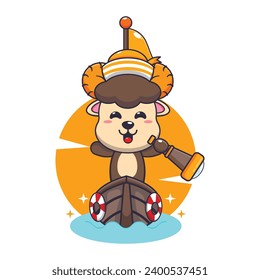 Cute ram sheep on the boat cartoon vector illustration. 
