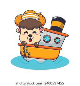Cute ram sheep on the ship cartoon vector illustration. 