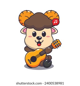 Cute ram sheep playing guitar cartoon vector illustration. 