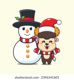 Cute ram sheep playing with Snowman. Cute christmas cartoon character illustration. 