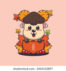 Cute ram sheep in a pumpkin at autumn season. Mascot cartoon vector illustration suitable for poster, brochure, web, mascot, sticker, logo and icon.