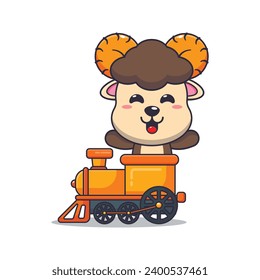 Cute ram sheep ride on train cartoon vector illustration.