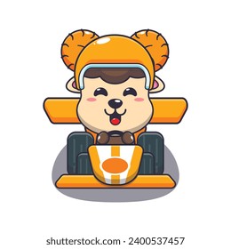 Cute ram sheep riding race car cartoon vector illustration. 