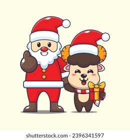 Cute ram sheep with santa claus. Cute christmas cartoon character illustration. 