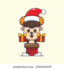 Cute ram sheep with santa hat in the chimney. Cute christmas cartoon character illustration. 