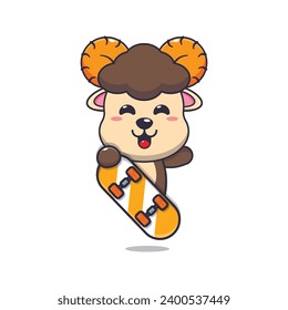 Cute ram sheep with skateboard cartoon vector illustration.