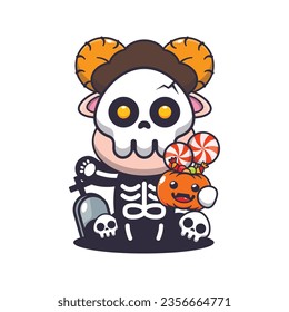 Cute ram sheep with skeleton costume holding halloween pumpkin. Cute halloween cartoon illustration. 