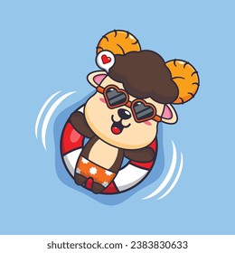 Cute ram sheep in sunglasses float with buoy. Cute summer cartoon illustration. 