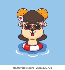 Cute ram sheep in sunglasses swimming on beach. Cute summer cartoon illustration. 