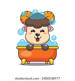 Cute ram sheep taking bubble bath in bathtub cartoon vector illustration. 