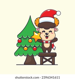 Cute ram sheep taking star from christmas tree. Cute christmas cartoon character illustration. 
