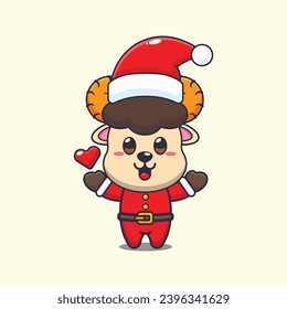 Cute ram sheep wearing santa costume. Cute christmas cartoon character illustration. 