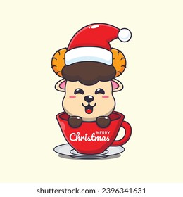 Cute ram sheep wearing santa hat in cup. Cute christmas cartoon character illustration. 