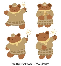 Cute Ramadan Bear Playing Sparklers Islamic Cartoon Vector Set