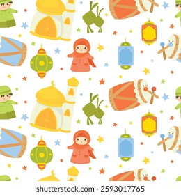 Cute Ramadan, Eid al Fitr seamless pattern in doodles style. Kawaii Ramadan cartoon vector pattern background.