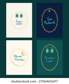 Lindo conjunto de tarjetas de felicitación de Ramadán con Elementos de doodle dibujados a mano: linternas, lunas, estrellas y destellos. Incluye mensajes como “Ramadán Kareem”, “Eid Mubarak” y “Ramadán bendito”. 