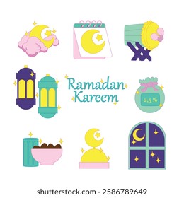 Cute Ramadan illustration set with a crescent moon, drum, lanterns, mosque, dates, zakat