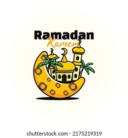 Cute ramadan kareem with mosque and moon art illustration