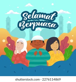 Cute ramadan kareem wish with kids celebrating the holy month. Selamat berpuasa means happy fasting in malay language.