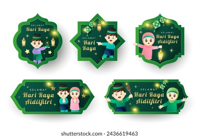 Cute Ramadan Raya with Muslim boy and girl label collection. Holiday festive cartoon character vector sticker set.