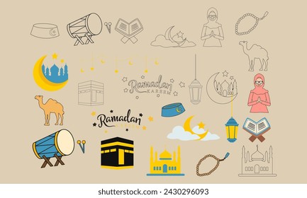 Cute ramadhan set handdrawn vector ilustration. Contains black and color style