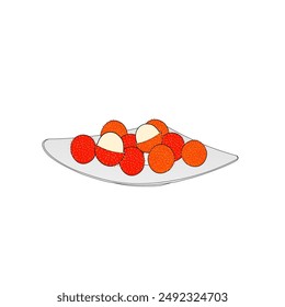 Cute rambutan fruit on a plate vector element. Graphic design illustration. Fresh fruit. Sweet fruit. Peel rambutan. Dessert. Food menu, icon fruits. Tasty, flavour, delicious. Food dish cartoon style