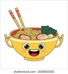 Cute ramen bowl cartoon character with happy face