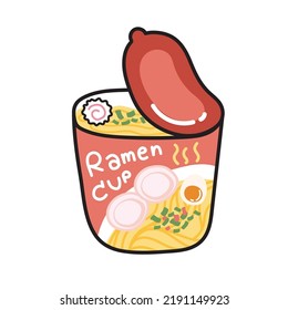 Cute ramen cup cartoon on white background.Japanese food.Noodle hand drawn.Isolated.Kawaii.Vector.Illustration.
