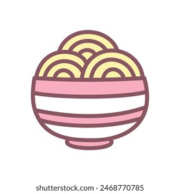 Cute ramen icon. Hand drawn illustration of of a bowl of traditional Japanese noodle soup isolated on a white background. Kawaii sticker. Vector 10 EPS.