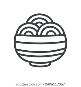 Cute ramen icon. Hand drawn monochrome illustration of a bowl of traditional Japanese noodle soup isolated on a white background. Kawaii sticker. Vector 10 EPS.