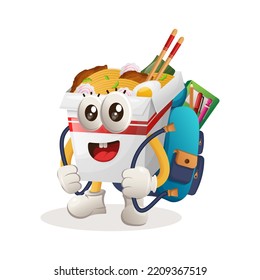 Cute ramen mascot carrying a schoolbag, backpack, back to school. Perfect for food store, small business or e-Commerce, merchandise and sticker, banner promotion, food review blog or vlog channel
