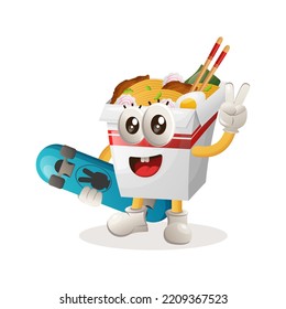 Cute ramen mascot carrying a skateboard. Perfect for food store, small business or e-Commerce, merchandise and sticker, banner promotion, food review blog or vlog channel
