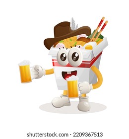 Cute ramen mascot celebrate oktoberfest with holding beer. Perfect for food store, small business or e-Commerce, merchandise and sticker, banner promotion, food review blog or vlog channel
