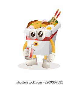 Cute ramen mascot drinking soda, cola. Perfect for food store, small business or e-Commerce, merchandise and sticker, banner promotion, food review blog or vlog channel
