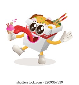 Cute ramen mascot eat ice cream, ice cream cone. Perfect for food store, small business or e-Commerce, merchandise and sticker, banner promotion, food review blog or vlog channel
