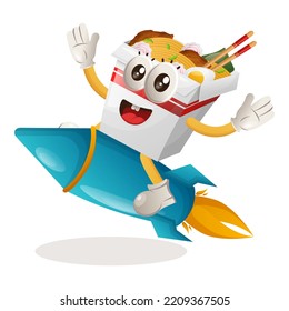 Cute ramen mascot flying on rocket. Perfect for food store, small business or e-Commerce, merchandise and sticker, banner promotion, food review blog or vlog channel
