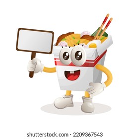 Cute ramen mascot holding billboards for sale. Perfect for food store, small business or e-Commerce, merchandise and sticker, banner promotion, food review blog or vlog channel
