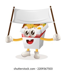 Cute ramen mascot holding blank banner. Perfect for food store, small business or e-Commerce, merchandise and sticker, banner promotion, food review blog or vlog channel
