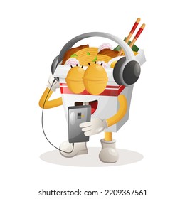 Cute Ramen Mascot Listening Music On A Smartphone Using A Headphone. Perfect For Food Store, Small Business Or E-Commerce, Merchandise And Sticker, Banner Promotion, Food Review Blog Or Vlog Channel
