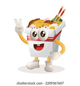 Cute ramen mascot with peace hand. Perfect for food store, small business or e-Commerce, merchandise and sticker, banner promotion, food review blog or vlog channel
