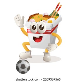 Cute ramen mascot play football, soccer ball. Perfect for food store, small business or e-Commerce, merchandise and sticker, banner promotion, food review blog or vlog channel

