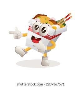 Cute ramen mascot playful with pointed hand. Perfect for food store, small business or e-Commerce, merchandise and sticker, banner promotion, food review blog or vlog channel
