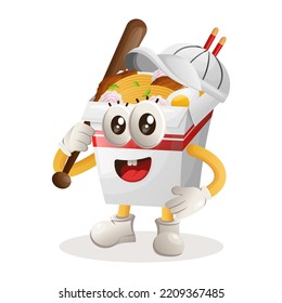 Cute ramen mascot playing baseball. Perfect for food store, small business or e-Commerce, merchandise and sticker, banner promotion, food review blog or vlog channel
