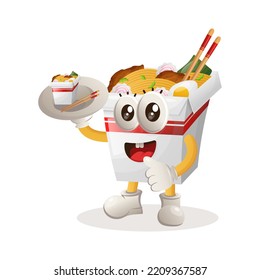 Cute ramen mascot serving desserts, waiters. Perfect for food store, small business or e-Commerce, merchandise and sticker, banner promotion, food review blog or vlog channel
