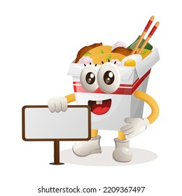 Cute ramen mascot standing next to a billboard. Perfect for food store, small business or e-Commerce, merchandise and sticker, banner promotion, food review blog or vlog channel
