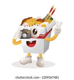 Cute ramen mascot taking photo with camera. Perfect for food store, small business or e-Commerce, merchandise and sticker, banner promotion, food review blog or vlog channel
