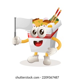 Cute ramen mascot waving white empty flag. Perfect for food store, small business or e-Commerce, merchandise and sticker, banner promotion, food review blog or vlog channel
