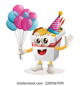 Cute ramen mascot wearing a birthday hat, holding balloons. Perfect for food store, small business or e-Commerce, merchandise and sticker, banner promotion, food review blog or vlog channel
