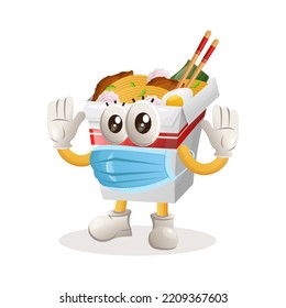 Cute ramen mascot wearing medical mask, protect from covid-19. Perfect for food store, small business or e-Commerce, merchandise and sticker, banner promotion, food review blog or vlog channel
